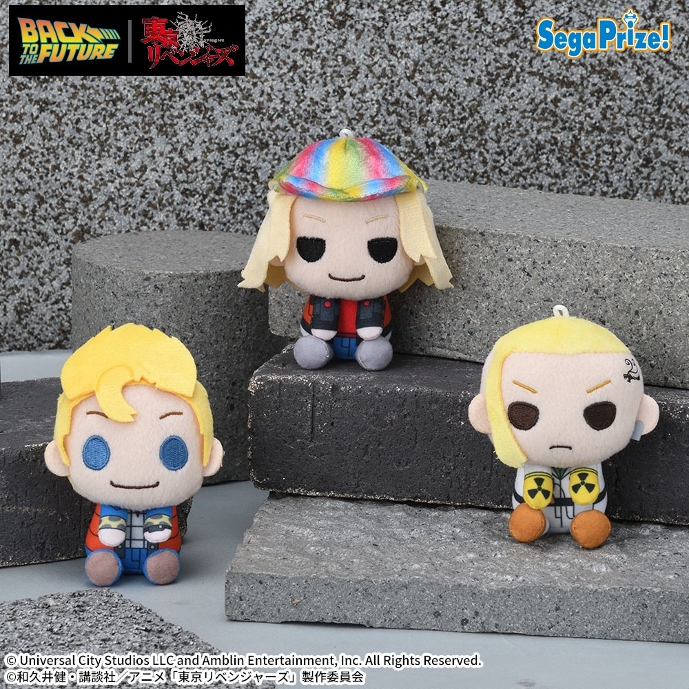 Tokyo Revengers x Back to the Future collab figures featuring Takemichi, Mikey and Draken dressed as various Back to the Future characters in chibi style