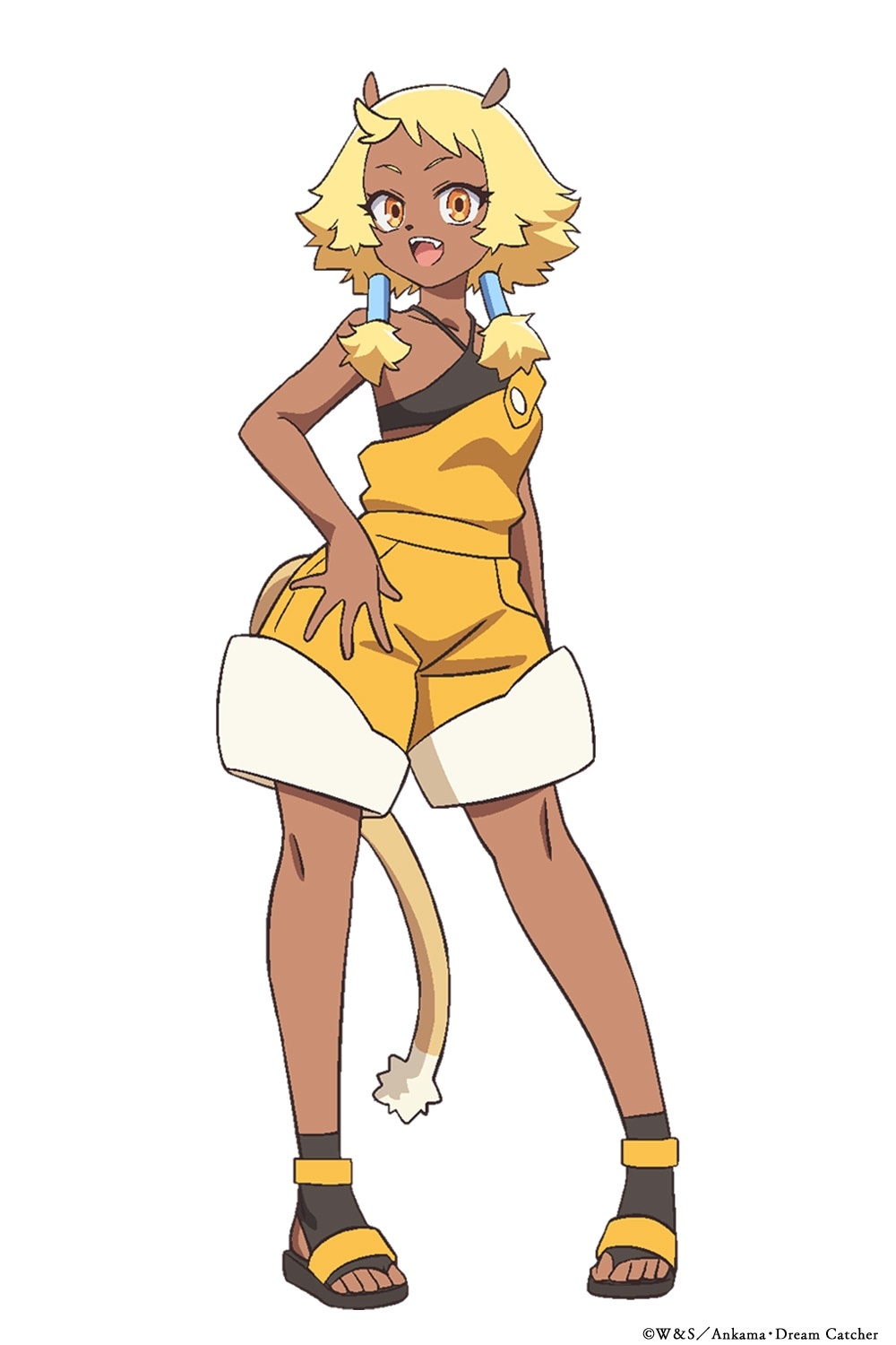 Character art of Bechamel from the upcoming Aoki Densho Welsh & Shedar TV anime. Bechamel is a young, slender cat girl with blonde hair, tan skin, and amber eyes. She wears casual clothes in shades of honey yellow and black and strikes a confident pose.