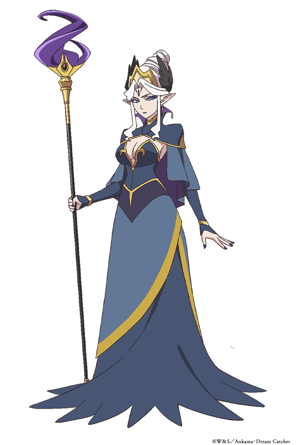 Character art of Zabel from the upcoming Aoki Densho Welsh & Shedar TV anime. Zabel is a tall, statuesque woman in the robes of an evil sorceress. She has white hair in beehive hair-style, blue eyes, and pointed ears like an elf. She wields a magical staff in her right hand.