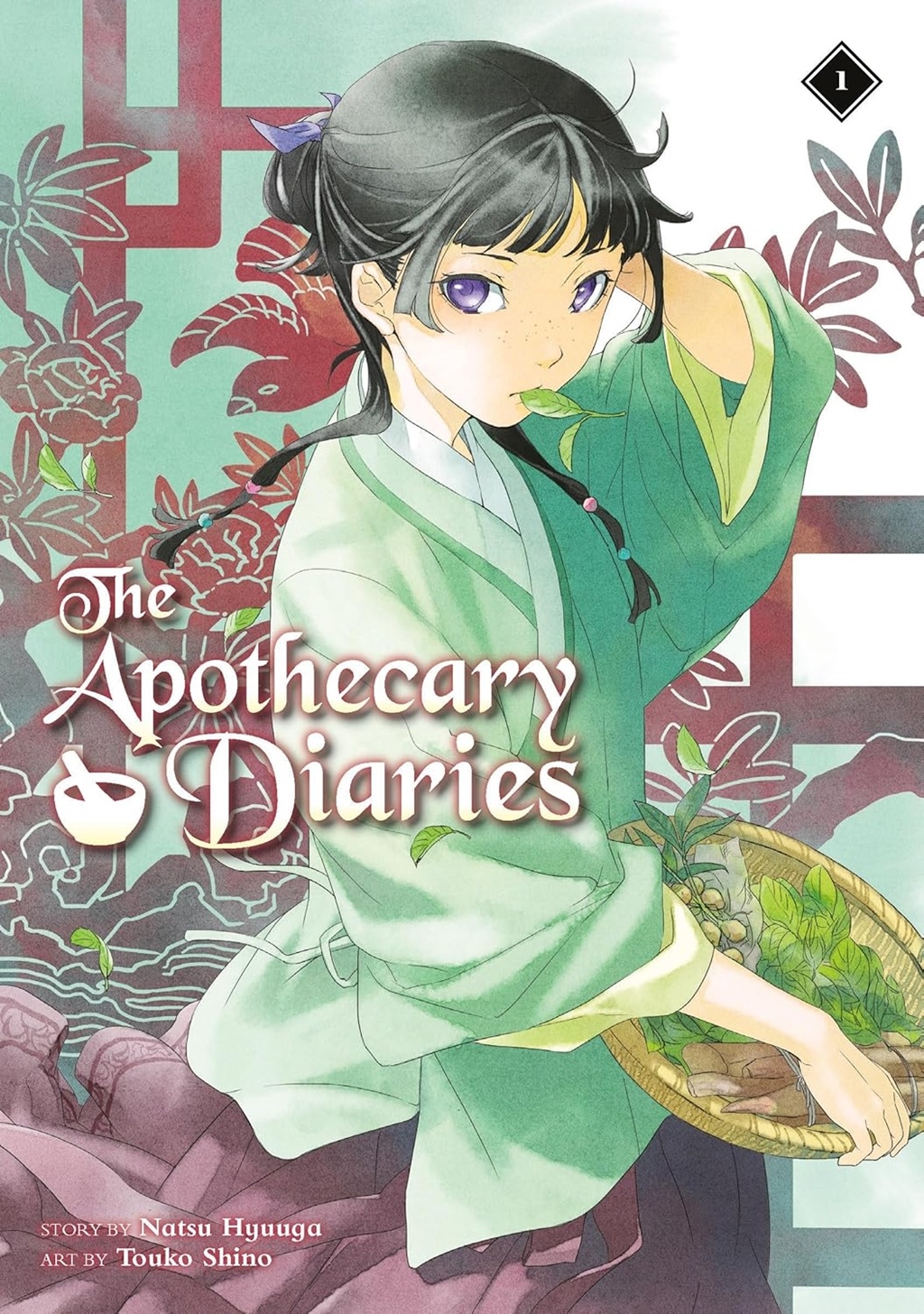 imagem: capa do volume 1 da light novel de Diários de uma Apotecária. Na ilustração, Maomao aparece segurando uma cesta com várias ervas enquanto segura uma folha com seus lábios.