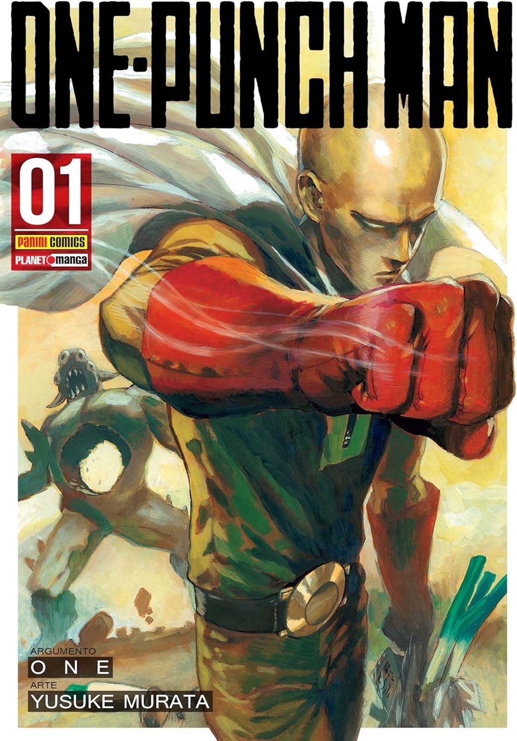 imagem: capa do volume 1 de One-Punch Man. Na ilustração, o protagonista Saitama posa após perfurar um monstro com apenas um soco.