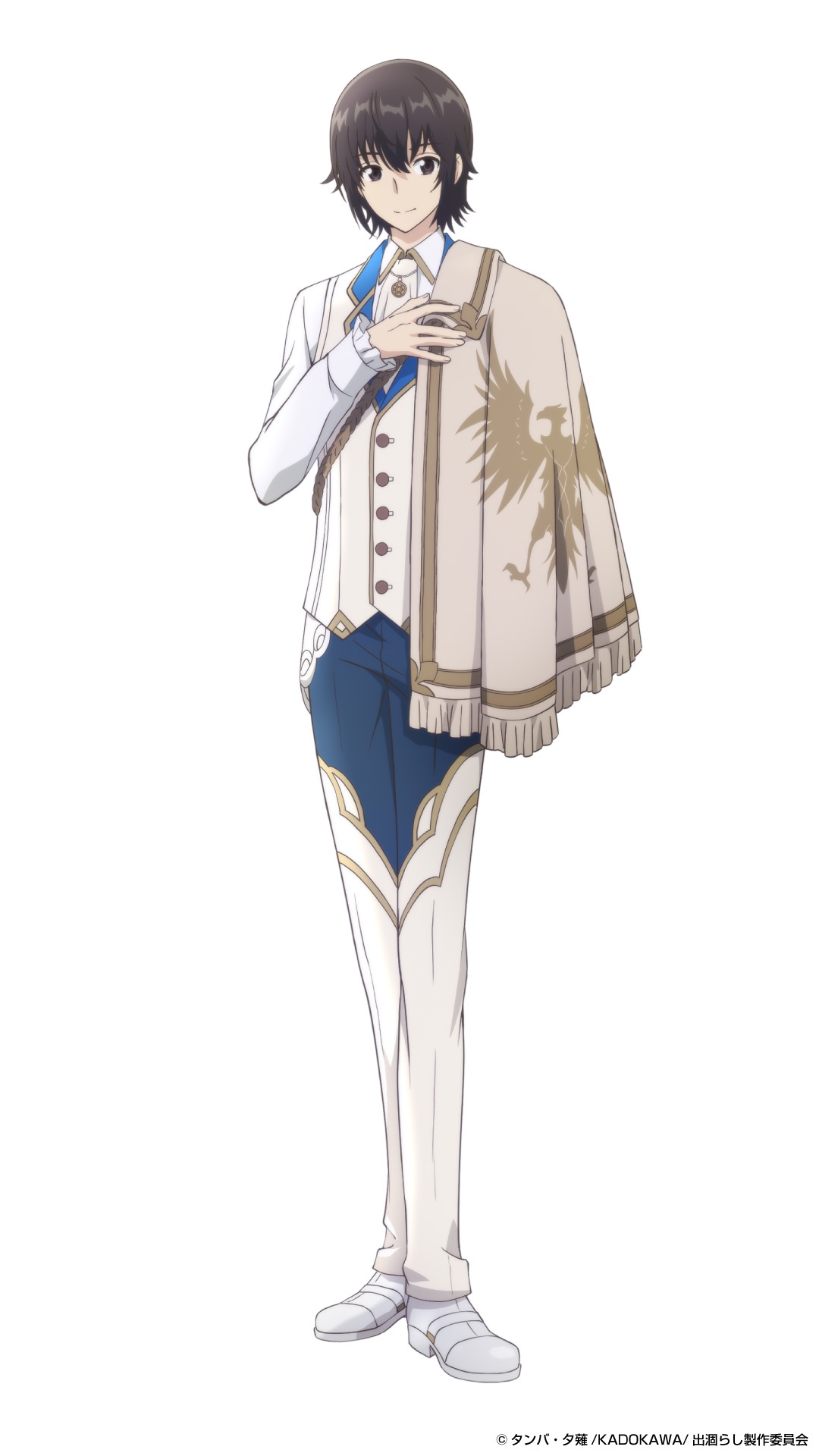 Character art of Leonard Lakes Adler from the upcoming The Insipid Prince's Furtive Grab for The Throne TV anime. Leonard is a slender young man with dark hair and dark eyes. He wears the clothing of an aristocrat in shades of white and blue.