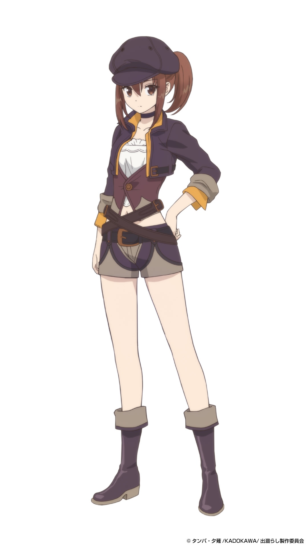 Character art of Rinfia from the upcoming The Insipid Prince's Furtive Grab for The Throne TV anime. Rinfia is a slender young woman in roguish clothes including a dark purple pork pie hat, a dark purple jacket, a white blouse, a purple vest, two leather belts crisscrossed at her waist, purple and gray short shorts, and purple half-boots.