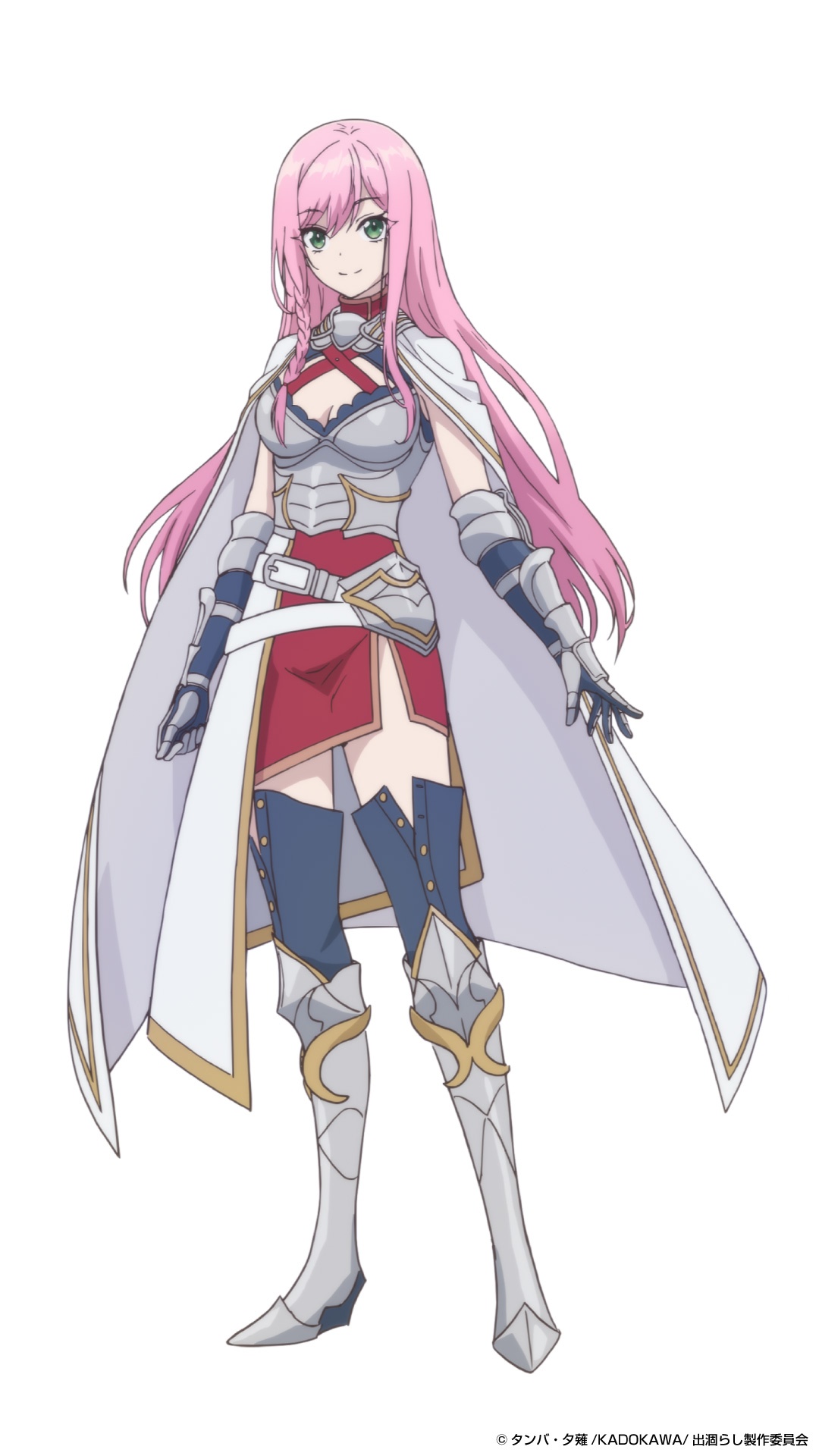 Character art of Erna von Amsberg from the upcoming The Insipid Prince's Furtive Grab for The Throne TV anime. Erna is a slender young woman with long pink hair and green eyes. She wears light plate armor and a white cloak.