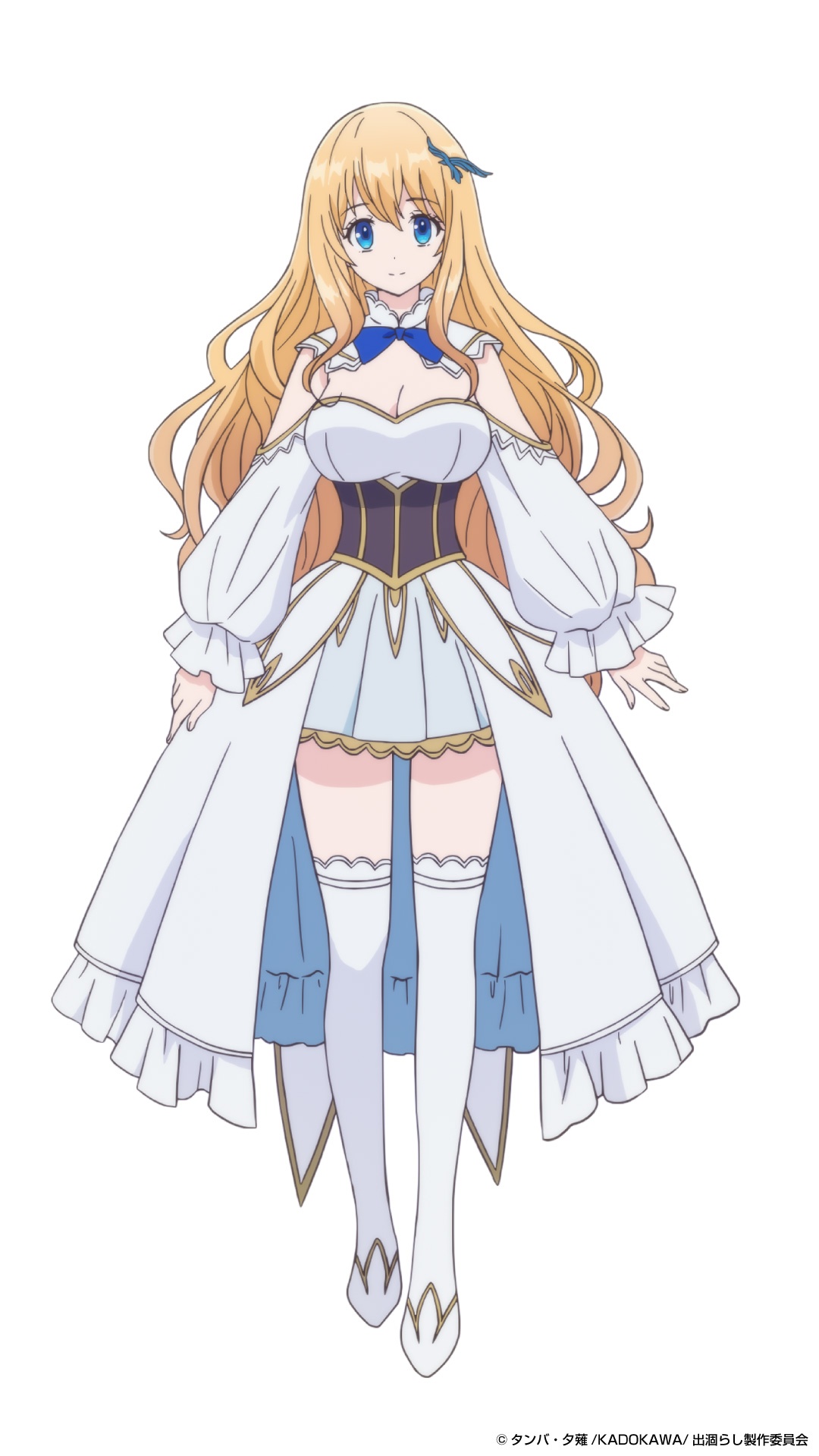 Character art of Fine von Kleinert from the upcoming The Insipid Prince's Furtive Grab for The Throne. Fine is a shapely young woman in a white dress with a plunging neckline and a short skirt. She has blue eyes and long blond hair that reaches to her waist.