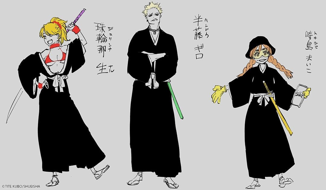 Esboço de persoangens de Naru Jurinna, Giro Hando e Maiko Tokishima por Tite Kubo para o jogo BLEACH Mirrors High