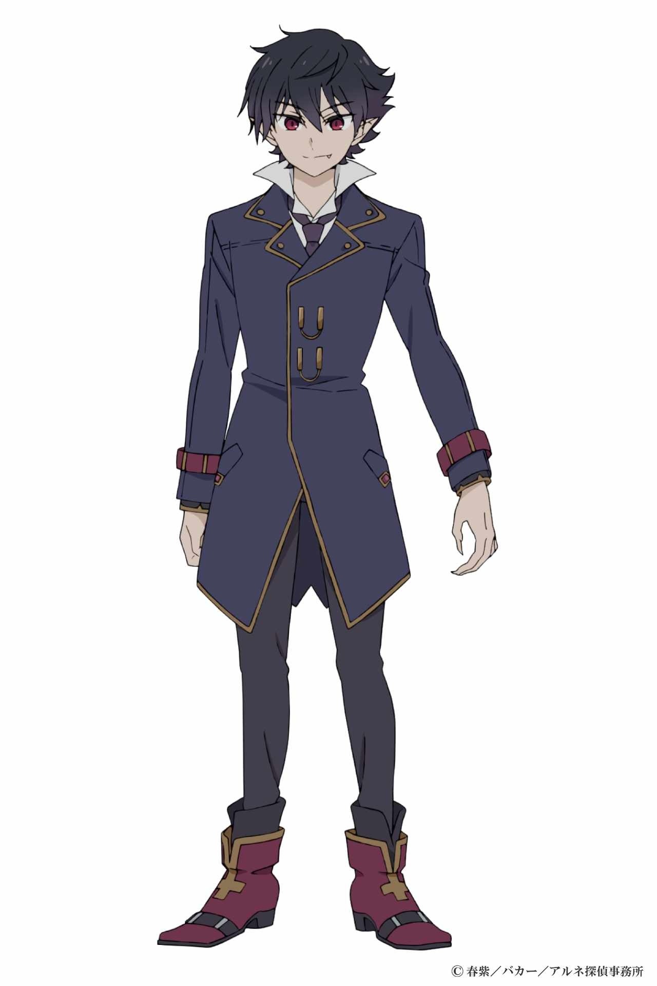 Character art of Arne, a vampire, from the upcoming The Case Book of Arne TV anime. Arne has black hair, red eyes and pointed ears. He is of medium height with a slender build and long arms with talon-like fingernails. He wears the waist coat, breeches and boots of an aristocrat.