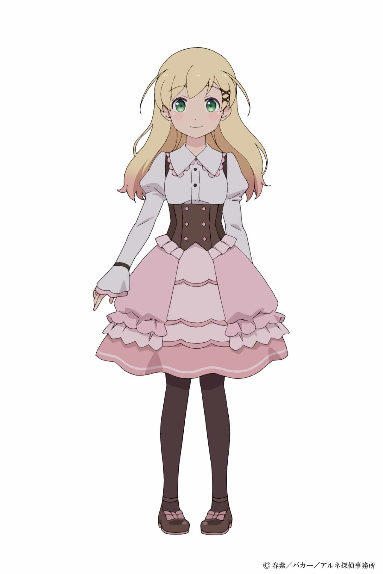 Character art of Lynn from the upcoming The Case Book of Arne TV anime. Lynn is a young girl with blonde hair and green eyes. She wears a pink and white frilly dress, stockings and shoes with pink bows decorating them.