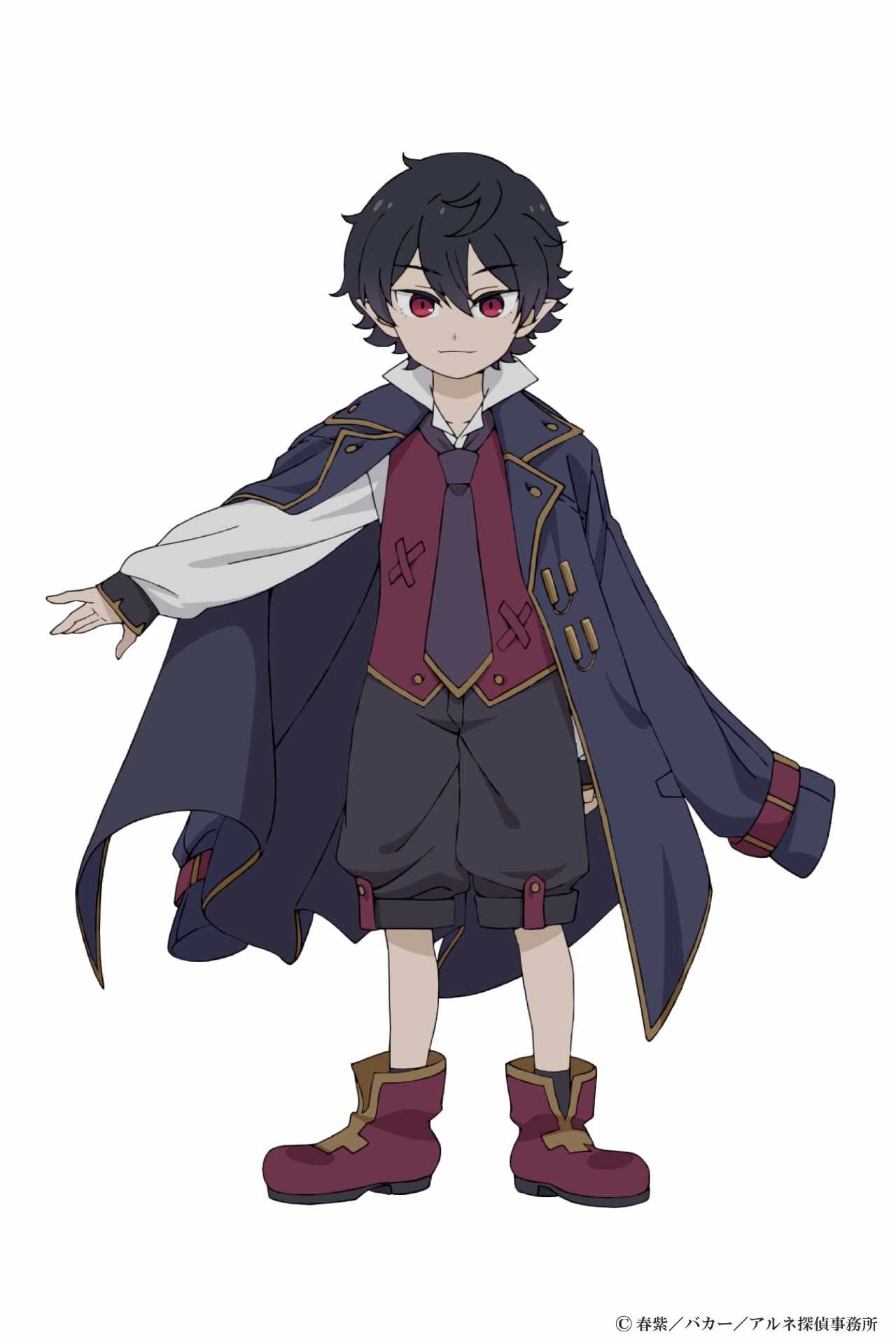 Character art of Arne as a child from the upcoming The Case Book of Arne TV anime. Arne has red eyes and black hair. He wears an oversized great coat, an oversized tie, a waistcoat, slacks and boots.