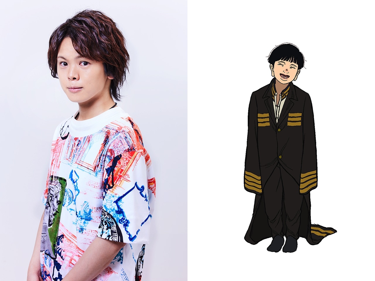 A promotional image of voice actor Ayumu Murase and his character, Hiradono Tsugumi, from the upcoming Nippon Sangoku TV anime.