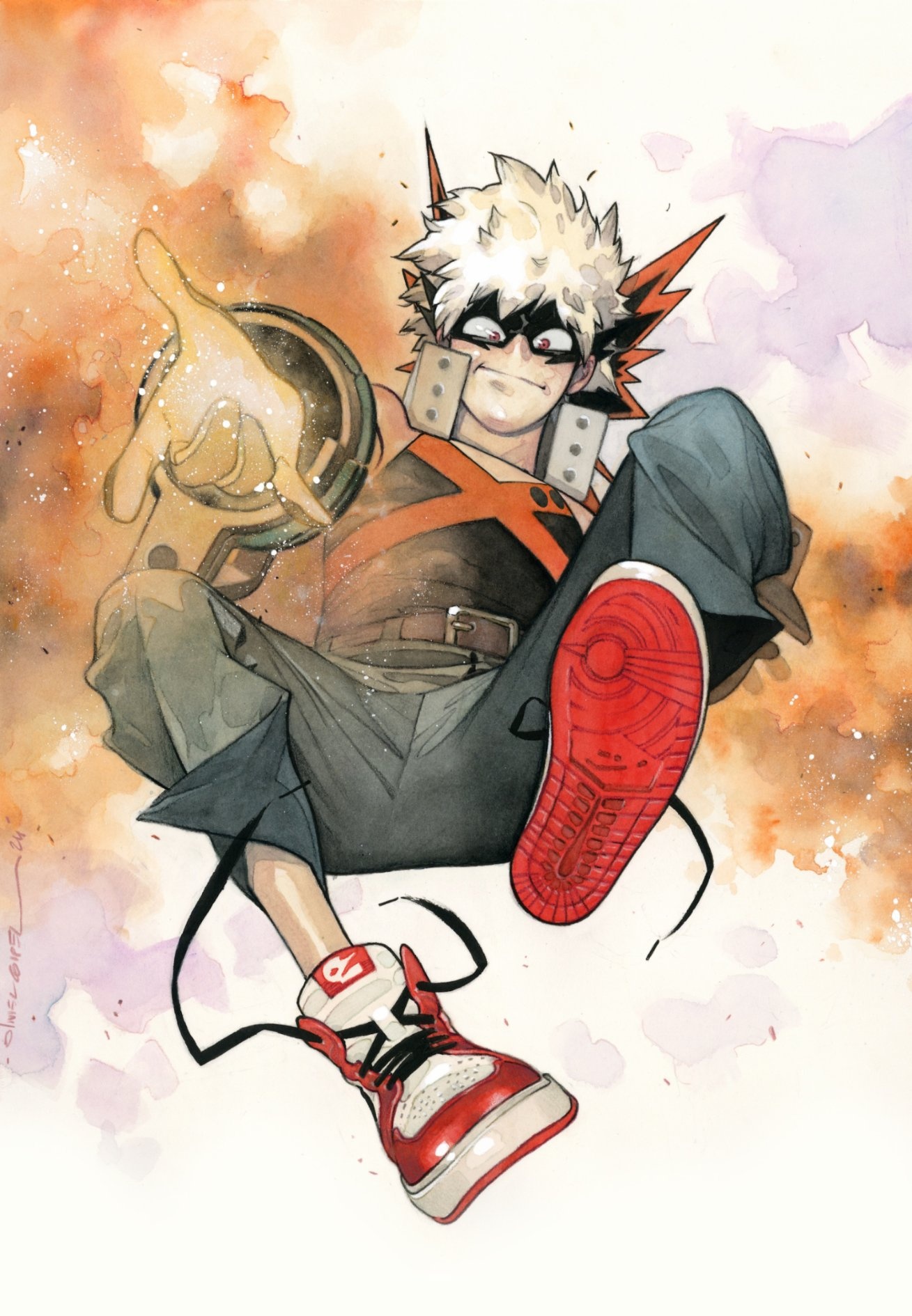 Illustrazione tributo della Marvel Comics per My Hero Academia, con Bakugo nella posa di Miles Morales