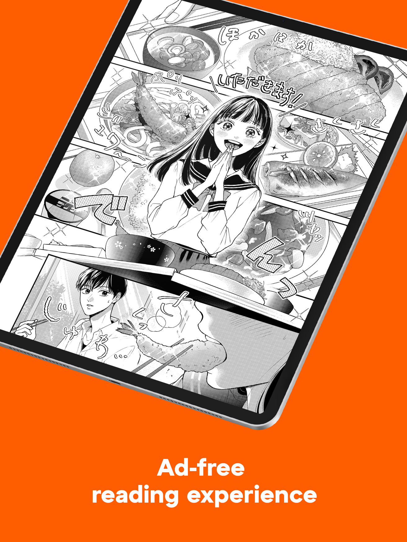 Exemple promotionnel d’une page de lecture manga en noir et blanc dans l’application Crunchyroll Manga
