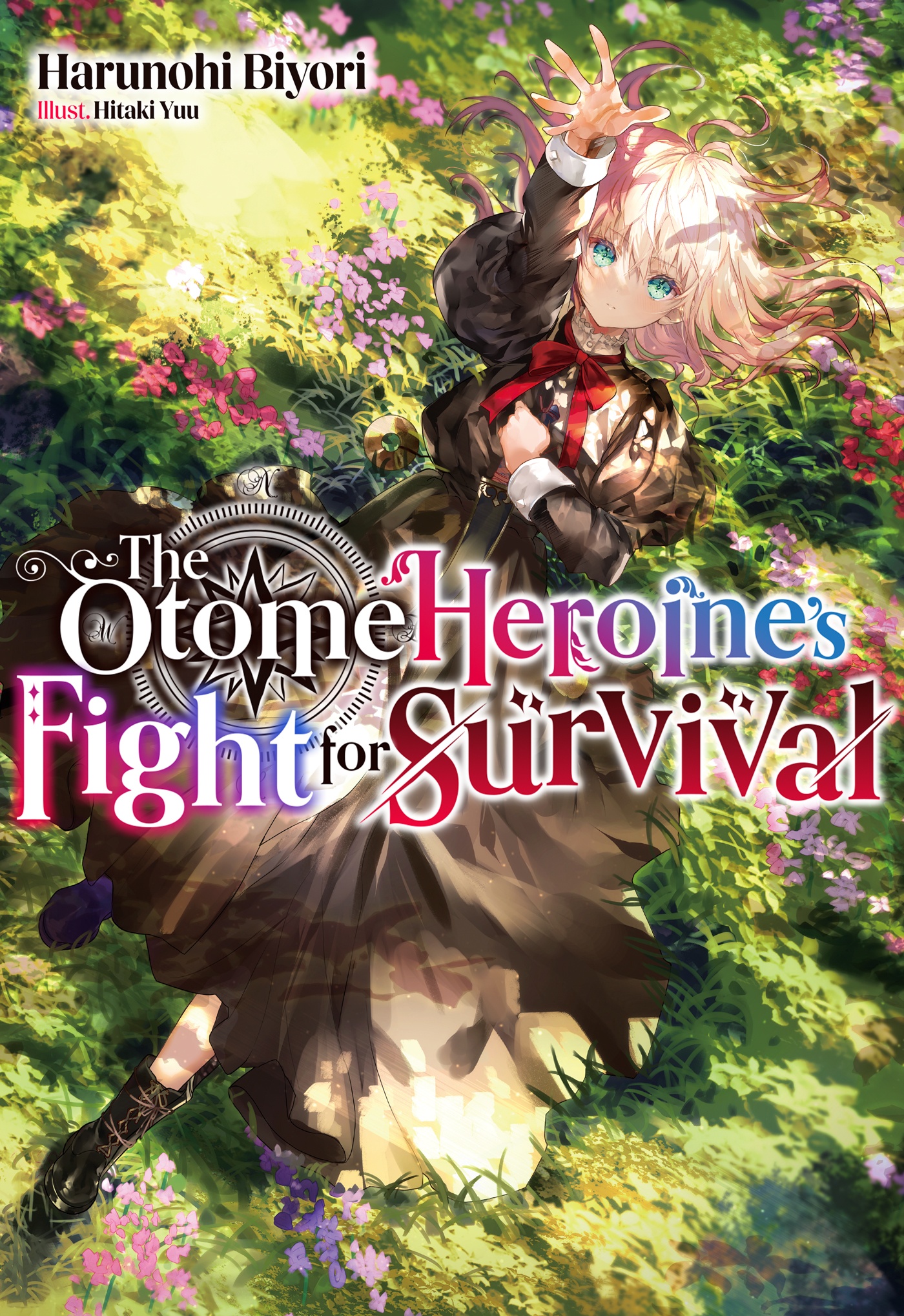 imagem: capa do volume 1 da light novel The Otome Heroine's Fight for Survival. A protagonista está deitada na grama enquanto ergue um de seus braços para o alto.