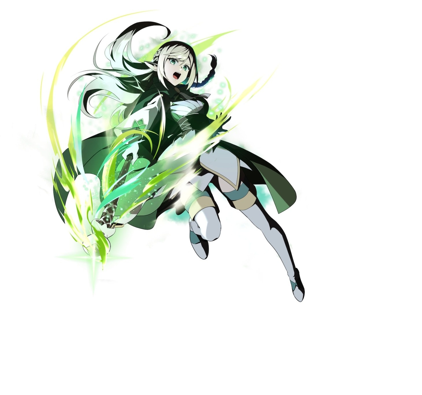 Character art of Elyssia, an elf sorceress, from the upcoming Monster Eater light anime. Elyssia has blonde hair and green eyes. She wears a green cloak and a white tunic and boots. She wields a wizardly staff in her right hand with magical green energies blasting from its tip.
