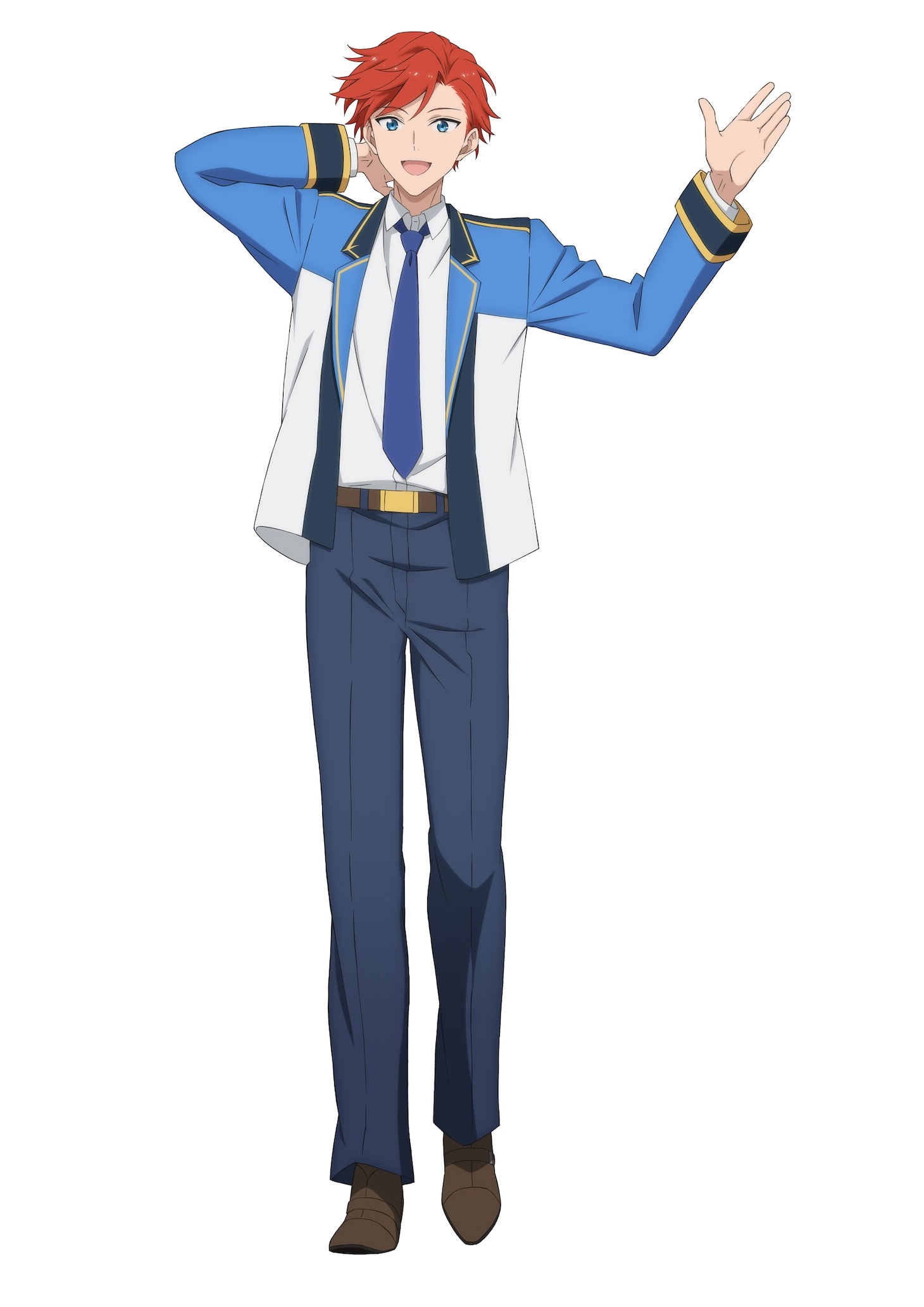 Character art of Henry Cox - a young man with red hair and green eyes wearing a blue and white suit jacket, a dark blue tie, dark blue slacks and brown loafer shoes - from the upcoming Yowaki MAX Reijo Nano ni, Ratsuwan Konyakusha-sama no Kake ni Notte Shimatta TV anime.