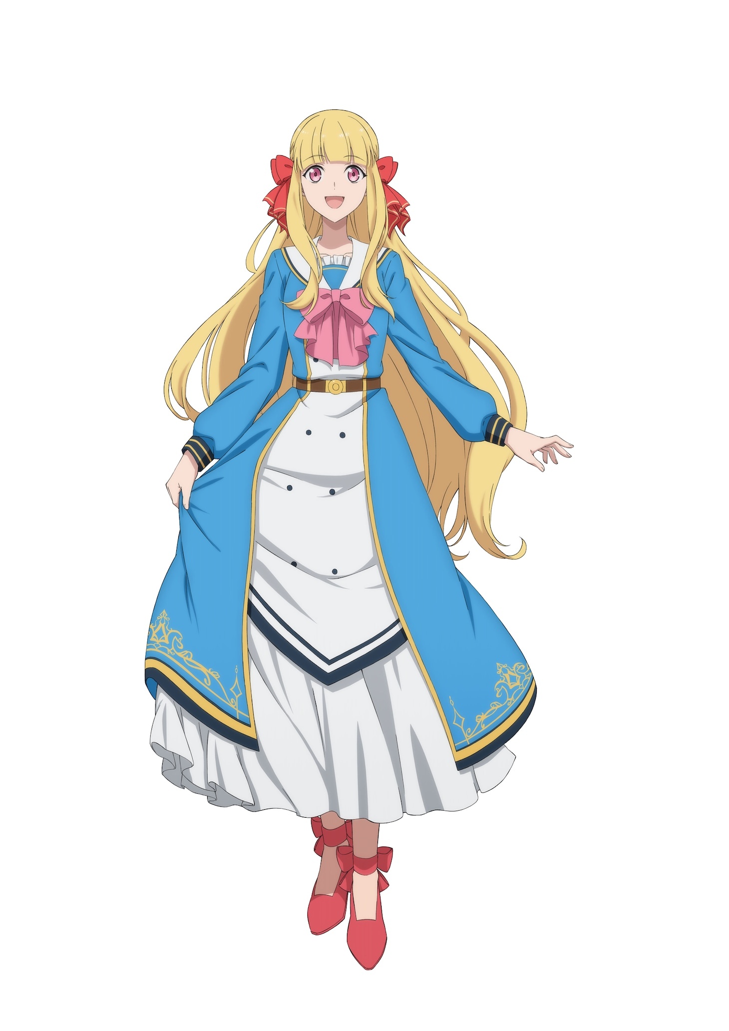 Character art of Carolyne Ramsey - a young woman with long blonde hair and amber eyes wearing the rich dress of an aristocrat in shades of pink, blue and white - from the upcoming Yowaki MAX Reijo Nano ni, Ratsuwan Konyakusha-sama no Kake ni Notte Shimatta TV anime.