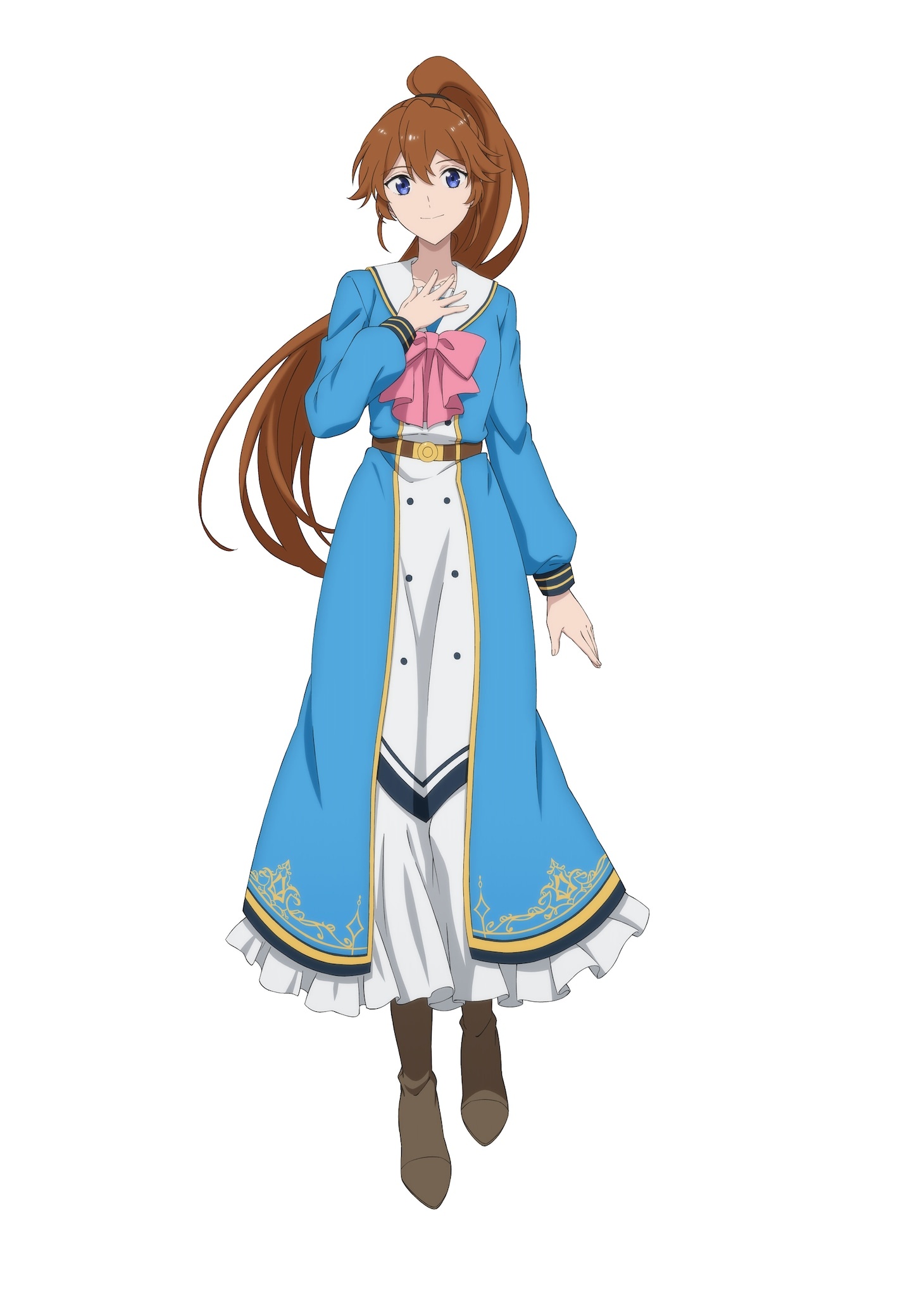 Character art of Erin White - a young woman with long brown hair and blue eyes wearing the rich dress of an aristocrat in shades of pink, blue and white - from the upcoming Yowaki MAX Reijo Nano ni, Ratsuwan Konyakusha-sama no Kake ni Notte Shimatta TV anime.