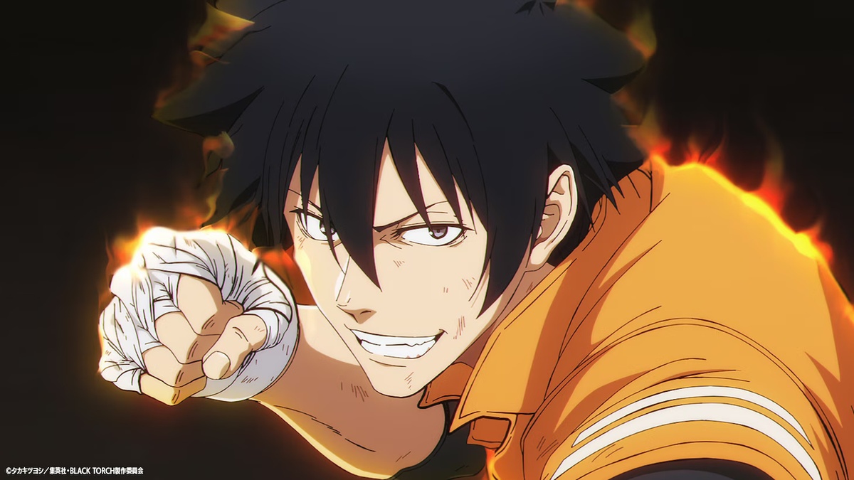 BLACK TORCH anime trailer screencap featuring Jiro Azuma with a raised fist