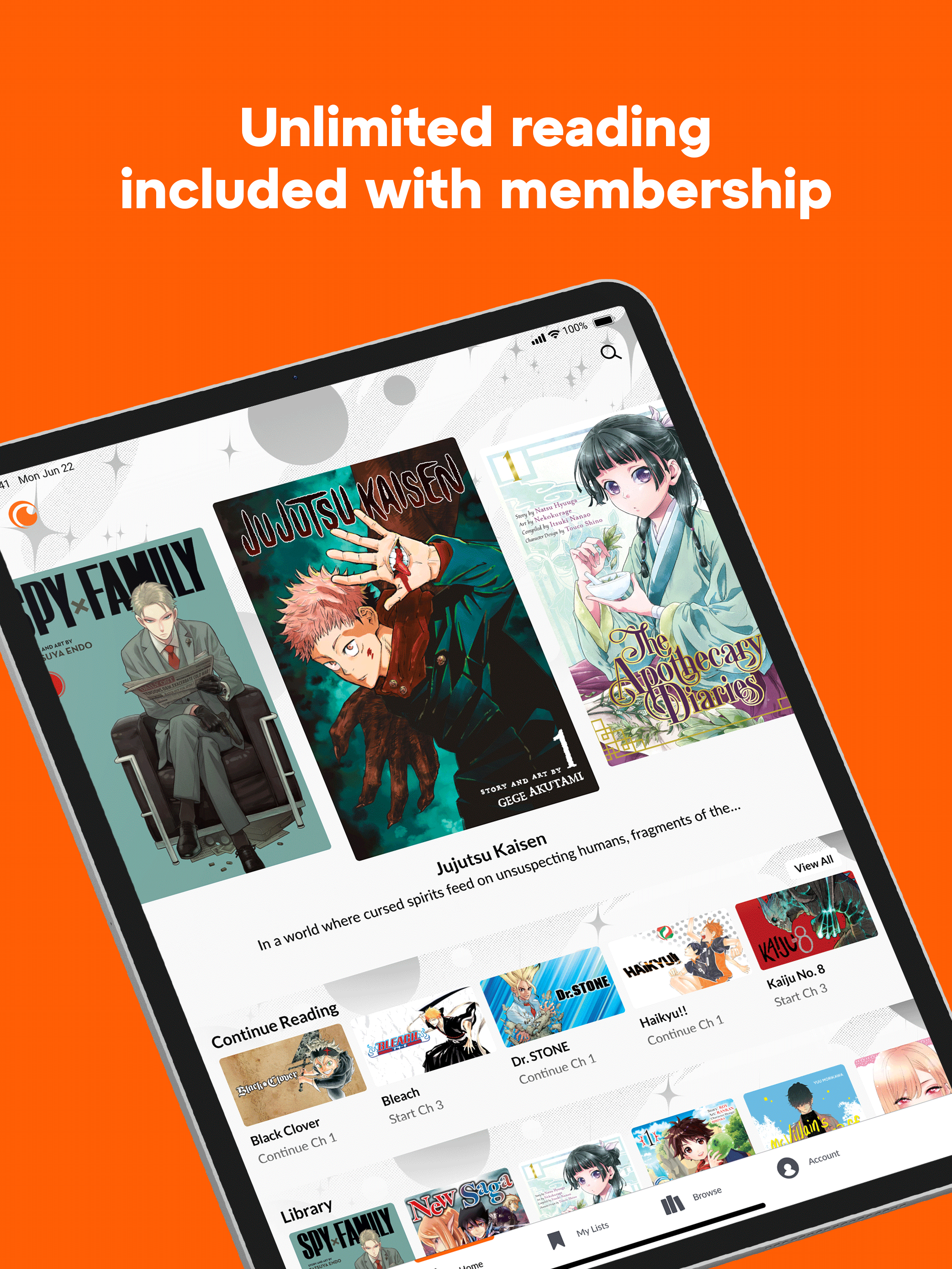 Écran promotionnel Crunchyroll Manga présentant des séries dont Spy × Family, Jujutsu Kaisen et Les Carnets de l’Apothicaire