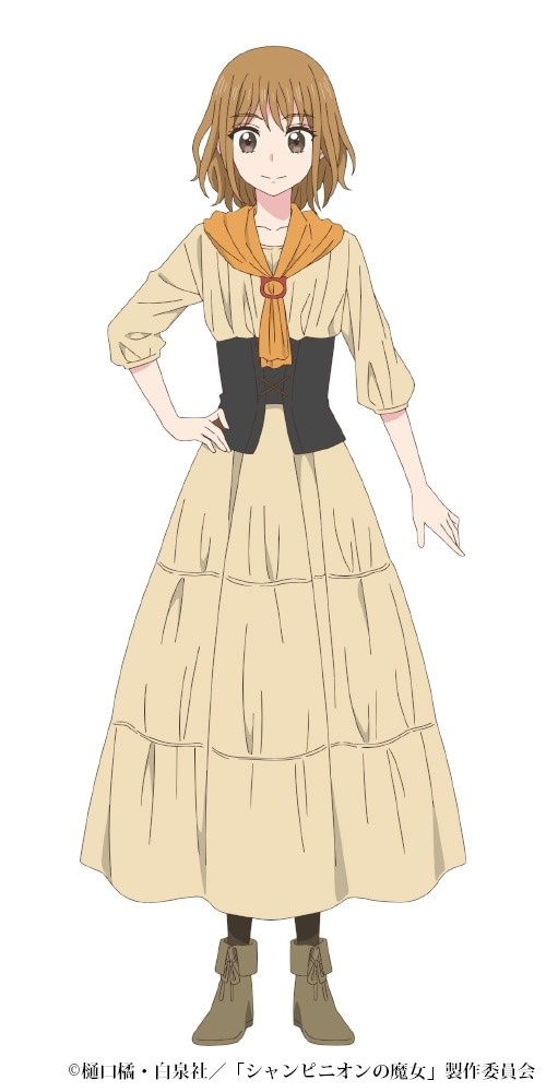 Character art of Cat Witch, a young woman with brown hair and brown eyes, from the Champignon Witch Tv anime. Cat witch is wearying an unassuming tan dress with an orange scarf and a black corset at the waist.