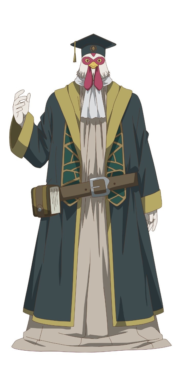 Character art of of Cockdole, a chicken beast man, from the upcoming The Daily Life of a Single 29-Year-Old Adventurer TV anime. Cockdole is a humanoid man with the head of a chicken. He wears the robes and tasseled graduation board had of a traveling scholar, and he has a thick book strapped to his hip in a holster on his belt.