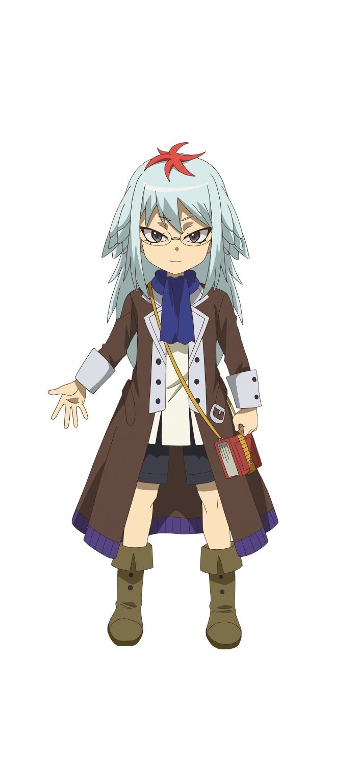 Character art of Cocko, a chicken beast girl, from the upcoming The Daily Life of a Single 29-Year-Old Adventurer TV anime. Cocko has white and red feathers instead of hair and sharp eyes. She is physically tiny and wears the overcoat, scarf, and boots of a traveling scholar. She carries a thick book strapped to her hip by a lanyard.