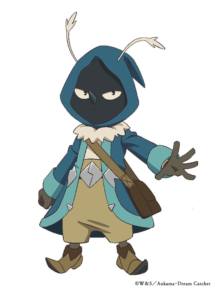 Character art of Joris from the upcoming Aoki Densho Welsh & Shedar TV anime. Joris is a small humanoid dressed like a traveling adventurer. He has soot black skin, a pointy nose like a mosquito's proboscis, and two feathery white antennae poking out of his hood.