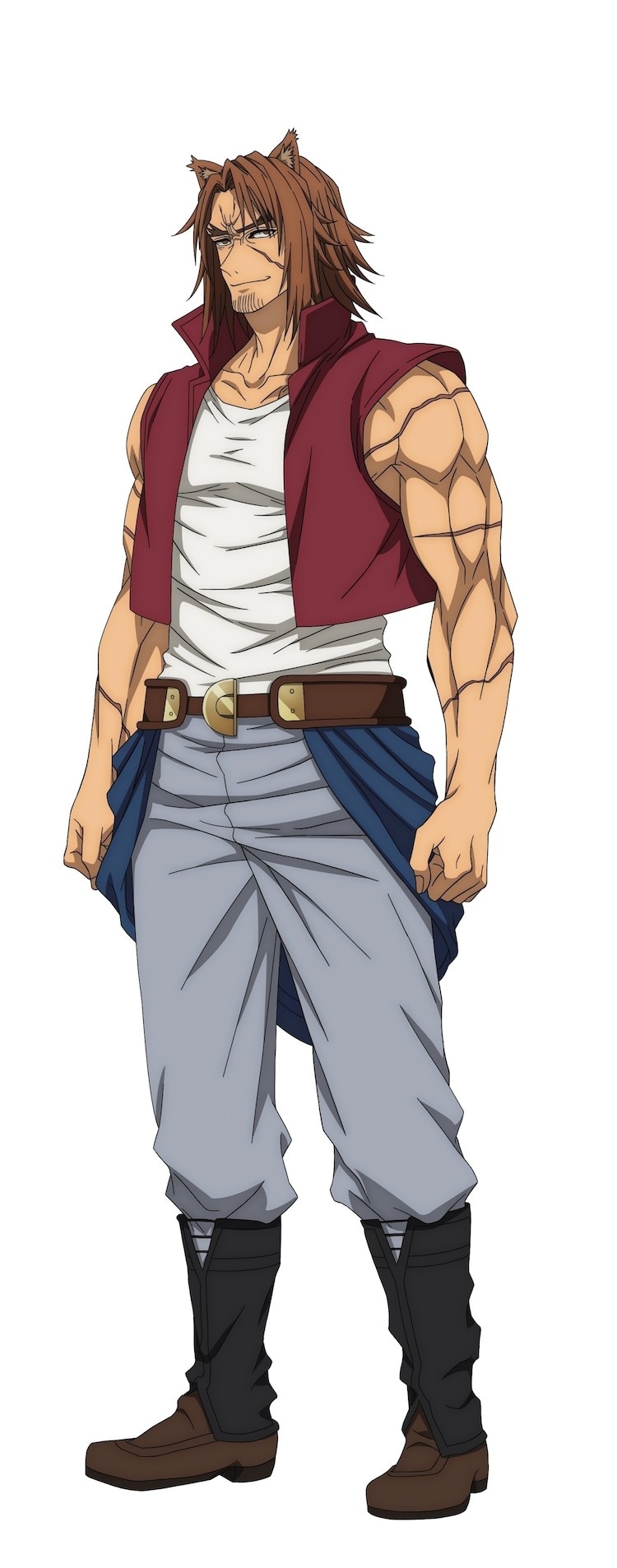 تصميم شخصية كالفين أوروولف وهو رجل نصف بشري ونصف ذئب يرتدي سترة حمراء، وقميصًا بدون أكمام، وحزامًا جلديًا عريضًا، وبنطالًا رماديًا فضفاضًا، وحذاءً جلديًا ثقيلًا من أنمي A character visual of Kelvin Urworlf from the upcoming Shinmai Ossan Boukensha, Saikyou Party ni Shinu hodo Kitaerareta Muteki ni Naru TV anime. Kelvin is a half-human / half-wolf man whose tall, muscular body is cover with long scars made by slashing implements such as blades or claws. He has messy brown hair and a goatee bear on his chin. He wears a red vest, a tank top T-shirt, a broad leather belt, loose fitting gray slacks, and heavy leather boots. He looks like he's spoiling for a fight.