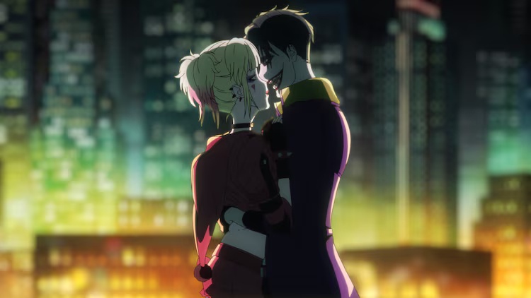 صورة للجوكر وهو يحتضن هارلي كوين في مشهد من الأنمي الأصلي Suicide Squad ISEKAI
