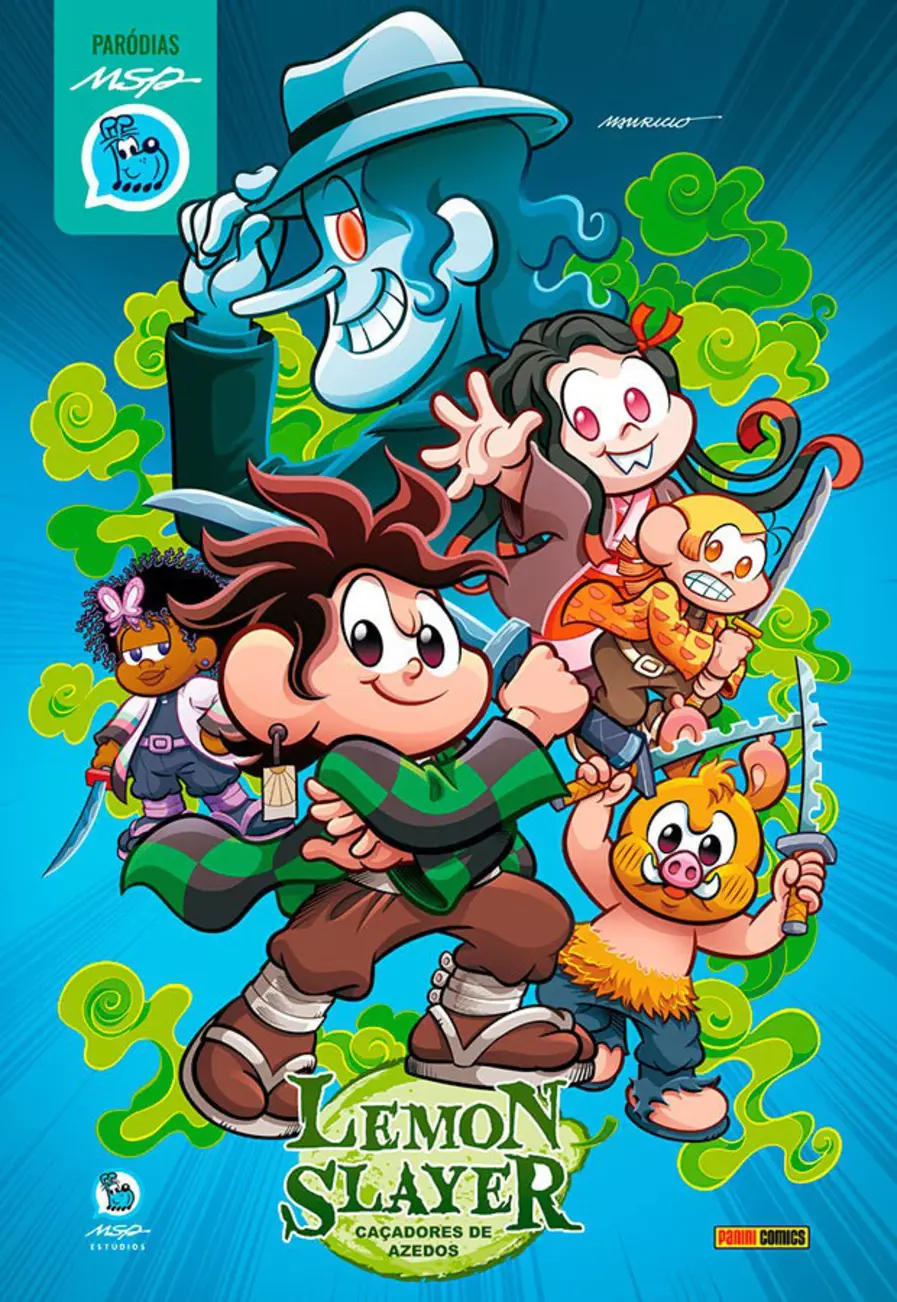 imagem: capa de Lemon Slayer: Caçadores de Azedos, paródia da Turma da Mônica de Demon Slayer: Kimetsu no Yaiba. Na ilustração, vários personagens da turma estão no papel de personagens de Demon Slayer. São eles: Cebolinha como Tanjiro, Mônica como Nezuko, Cascão como Inosuke, Magali como Zenitsu, Louco como Muzan e Milena como Shinobu.