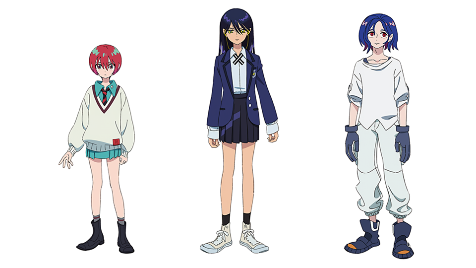 imagem: Design dos personagens Amate, Nyaan e Shuji, protagonistas de Mobile Suit Gundam GQuuuuuuX.