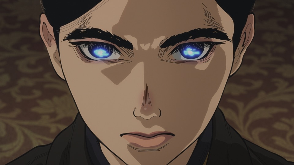 Aoteru Misumi stares forward with an expression of grim determination while lights reflect in his eyes in a scene from the upcoming Nippon Sangoku TV anime.