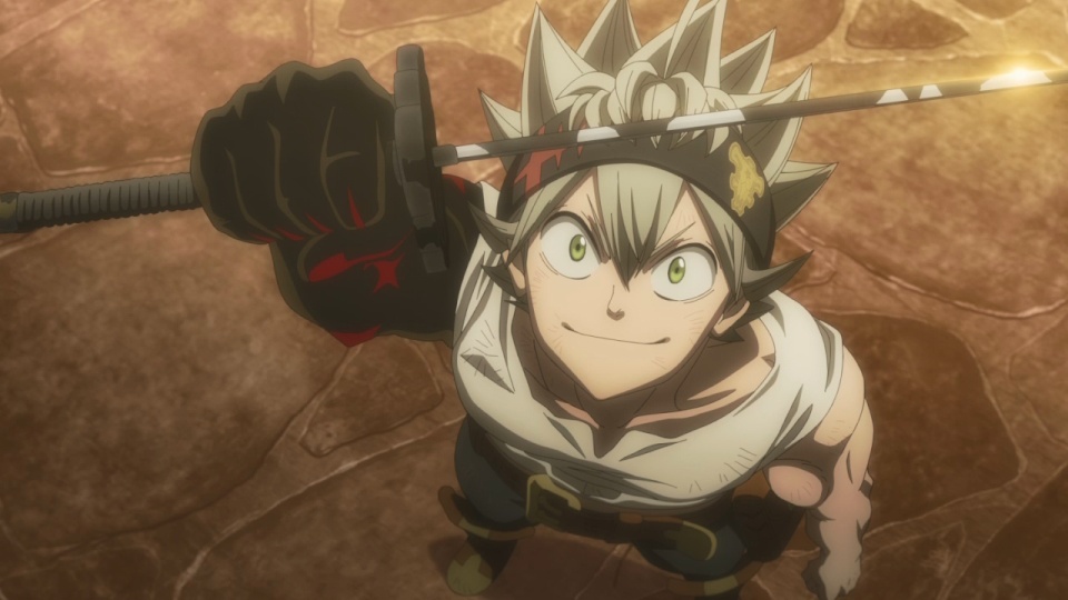 Black Clover Asta holding his sword in the air and smiling