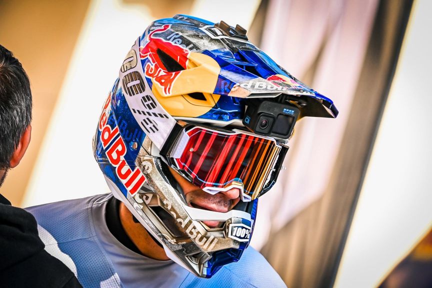 Closeup of Tomas Slavik's helmet with GoPro
