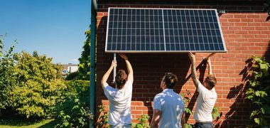 Drei Männer befestigen ein Solarpanel an einem Ziegelsteinhaus. Ein grüner Garten ist im Hintergrund.