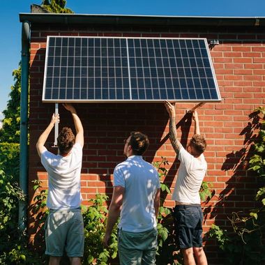 Drei Männer befestigen ein Solarpanel an einem Ziegelsteinhaus. Ein grüner Garten ist im Hintergrund.