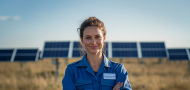 Eine Frau in blauem Overall steht lächelnd vor einem Solarpark, die Arme entspannt verschränkt.