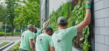 Eine Crew in grünen Shirts installiert eine schmale Fassadenbegrünung an einer Hauswand.