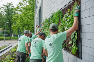 Eine Crew in grünen Shirts installiert eine schmale Fassadenbegrünung an einer Hauswand.