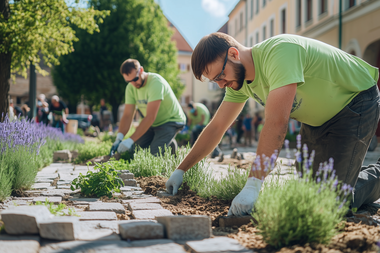 Eine Gruppe von Menschen entfernt Pflastersteine, um Pflanzen in die Erde einzusetzen. Alle tragen hellgrüne Shirts und Arbeitshandschuhe.