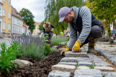 Ein Mensch entfernt Pflastersteine in einer Innenstadt, um Pflanzen in die Erde einzusetzen.