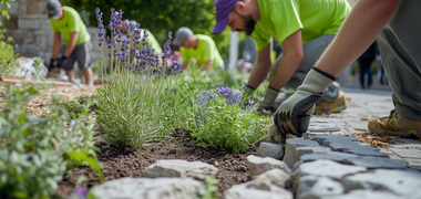 Eine Gruppe von Menschen entfernt Pflastersteine, um Pflanzen in die Erde einzusetzen. Alle tragen hellgrüne Shirts und Arbeitshandschuhe.
