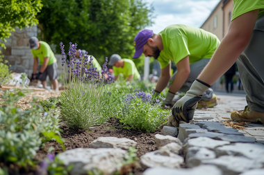 Eine Gruppe von Menschen entfernt Pflastersteine, um Pflanzen in die Erde einzusetzen. Alle tragen hellgrüne Shirts und Arbeitshandschuhe.