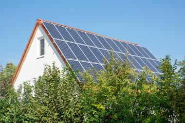 Die komplette Fläche eines schrägen Daches ist gepflastert mit Solarpanelen. Grüne Sträucher stehen vor dem Haus.