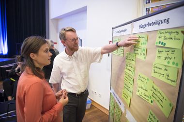 Teilnehmerinnen eines Bürgerrates hängen Karten an eine Wand. "Bürgerbeteiligung" und "Direkte Demokratie" stehen drauf.