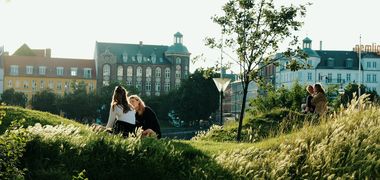 Zwei junge Frauen sitzen in der Abendsonne im Stadtpark inmitten von Sommergräsern..