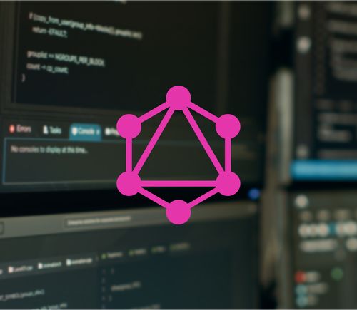 Graph QL logo with computer screen in background