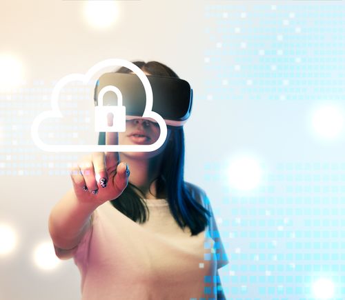 Young woman pointing at secure cloud icon
