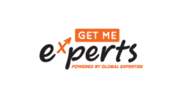 Logo with text "Get Me Experts" in orange and black, featuring an upward arrow, and "Powered by Global Expertise" in smaller text below.