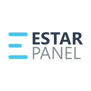 Logo of Estar Panel with three horizontal blue lines and the text "ESTAR PANEL" in black and gray.